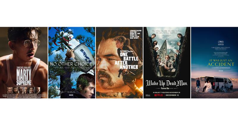 Esta fotografía combinada muestra el arte promocional de las películas "Marty Supreme", de...