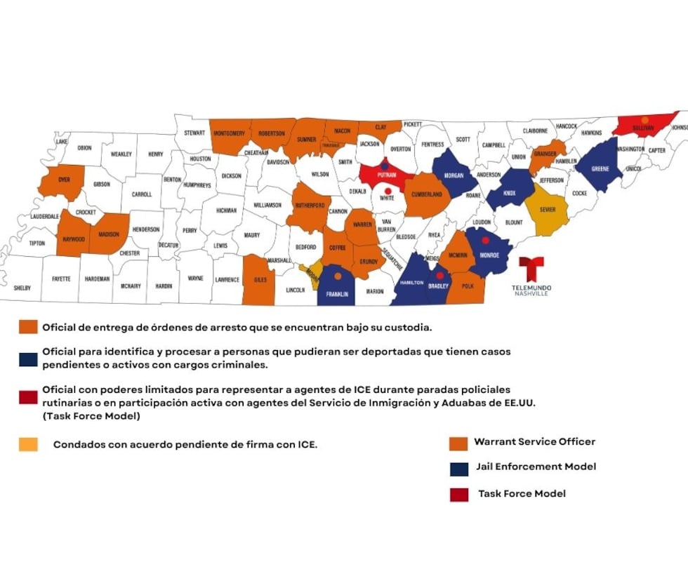 Condados en Tennessee con acuerdos de participación en el 287(g) al 17 de octubre del 2025.
