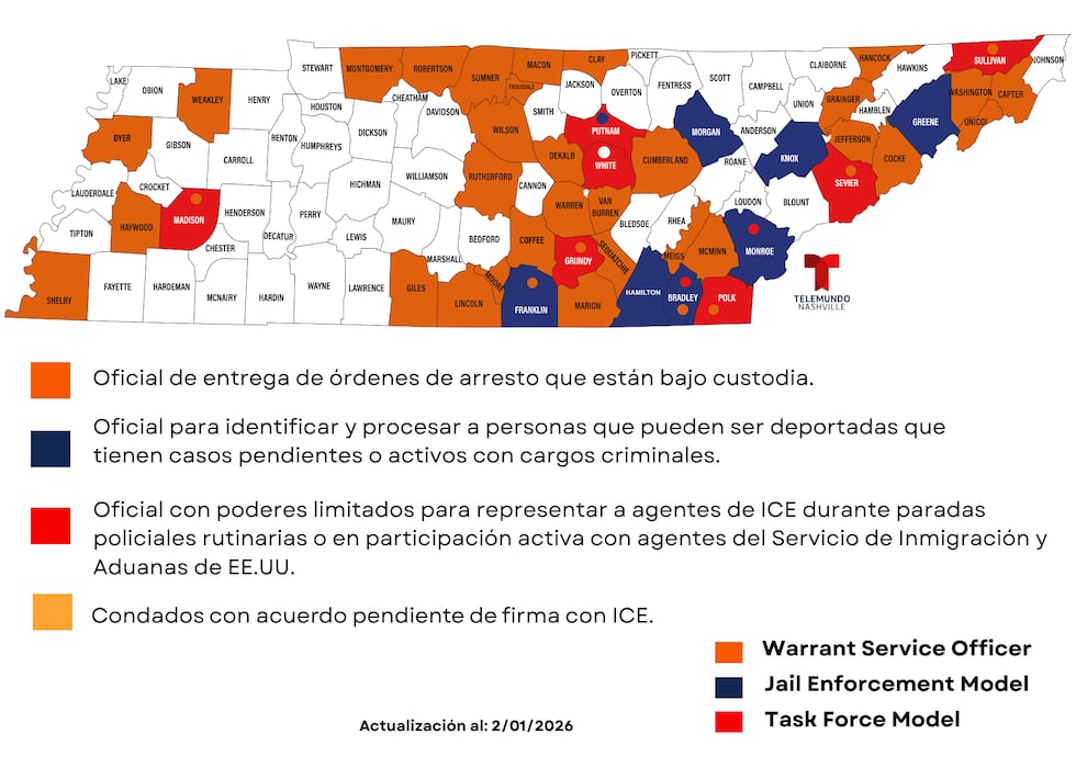 Mapa de Tennessee con condados operando bajo el programa 287(g)