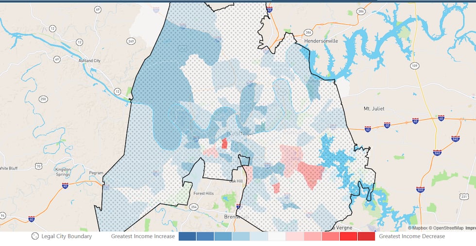 Un mapa elaborado por Neighborhood Scout muestra el crecimiento de los ingresos por área en...