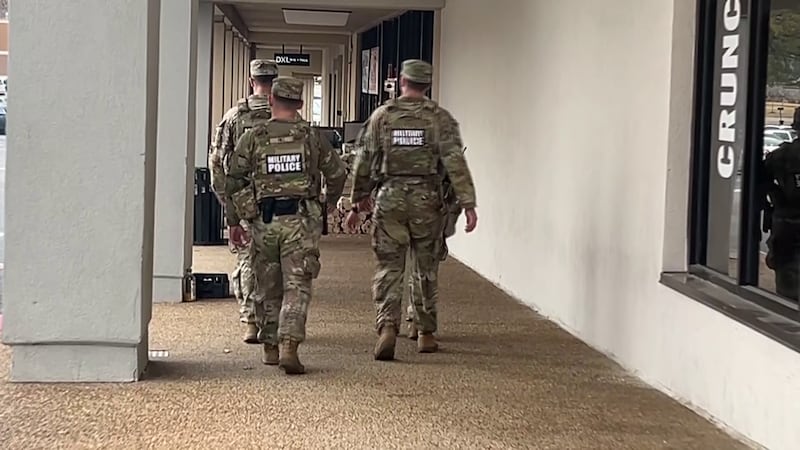 Tennessee National Guard patroling Eastgate Shopping Center in East Memphis