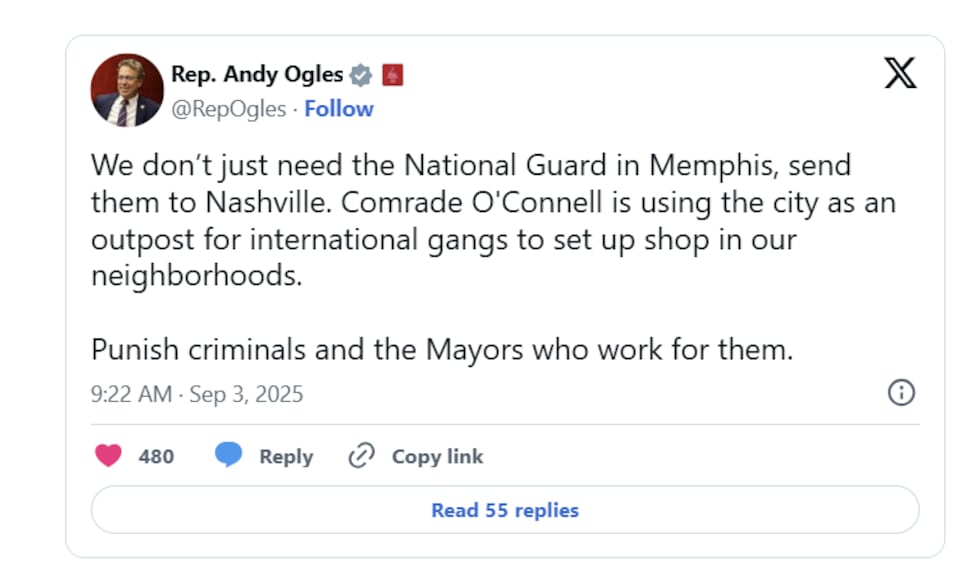 Rep. Andy Ogles a través de un mensaje en su cuenta de "x" presiona para el envío de la...