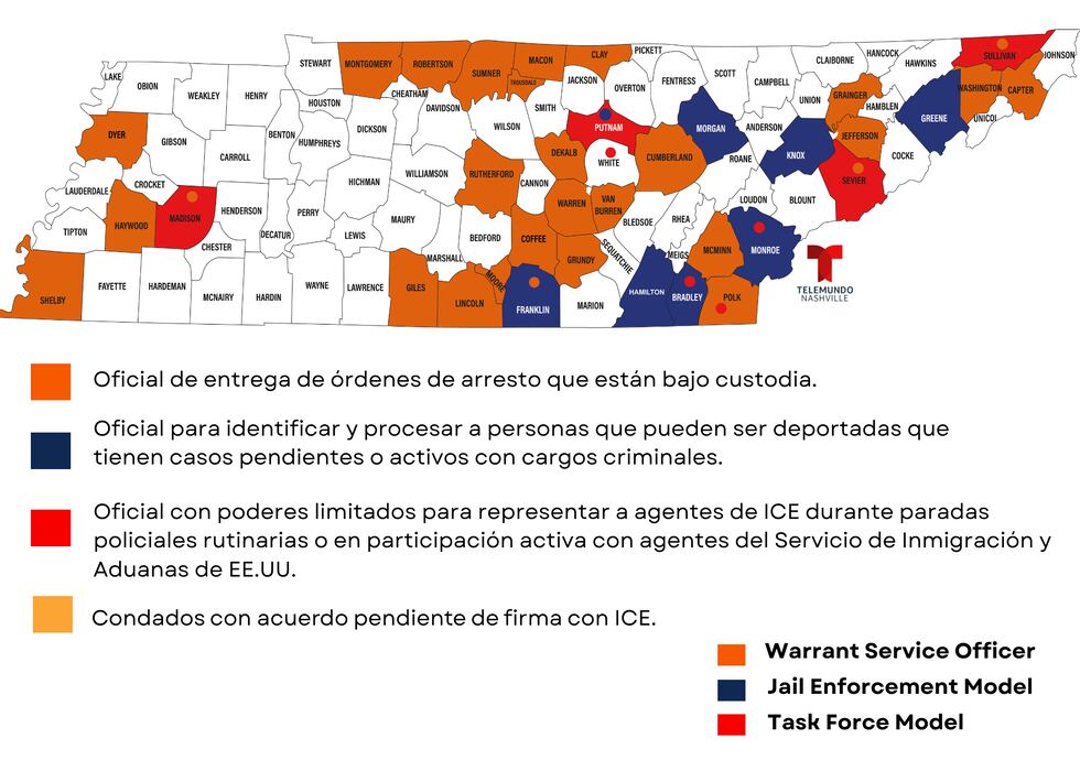 Mapa de los condados en Tennessee operando bajo el modelo 287(g) al 22 de noviembre del 2025.