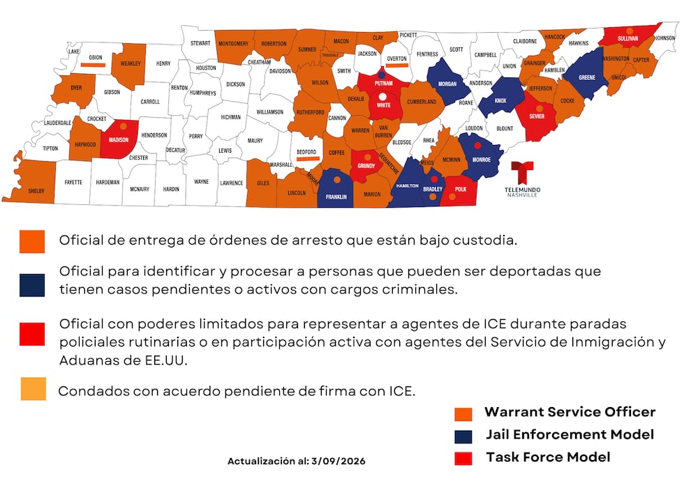 Condados en Tennessee que participan en el programa 287(g) al 9 de marzo del 2026